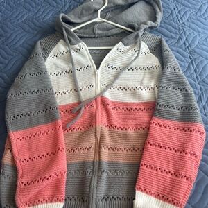 SHEIN Hooded Zip Knit Cardigan in Gray, White & Coral